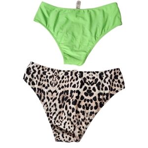 Womens Sz M Bikini Bottoms   High Wasted Neon Green & Leopard Print Set Of 2